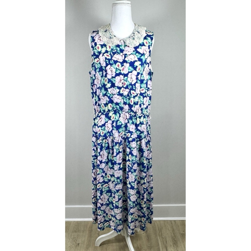 Jane Singer Floral Midi‎ Dress 14 Vintage USA Rayon Lace Collar Button Front